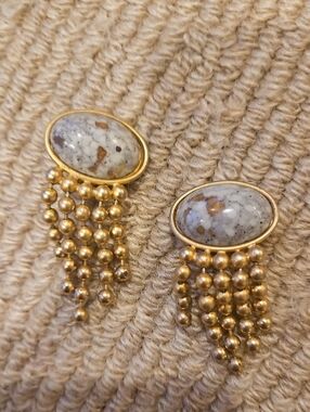 Gold-tone Clip-on Earrings W Marbled Stone Cabochon & Beaded Fringe